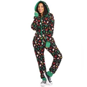 Tipsy Elves Black and Green Holiday Pajama Onesie